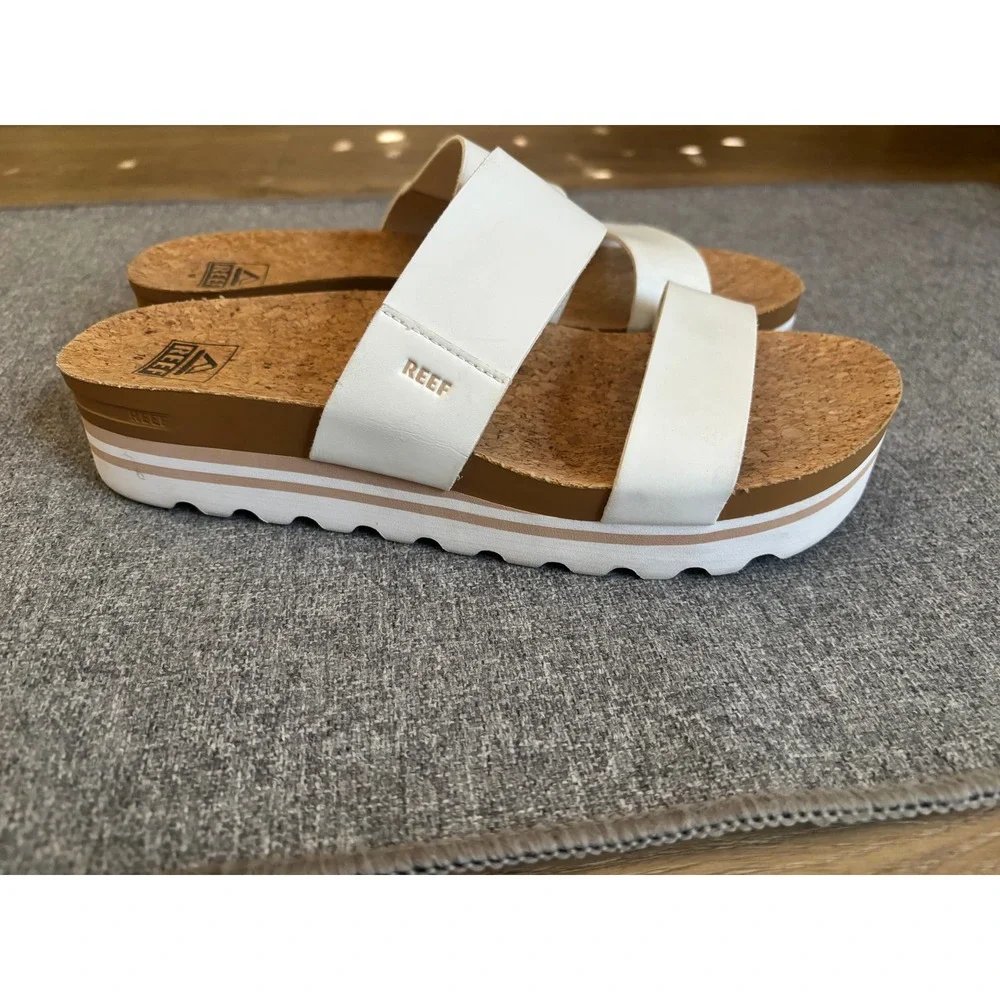 Reef Cushion Vista Hi White Platform Slide Sandals Womens 10 Cork Footbed